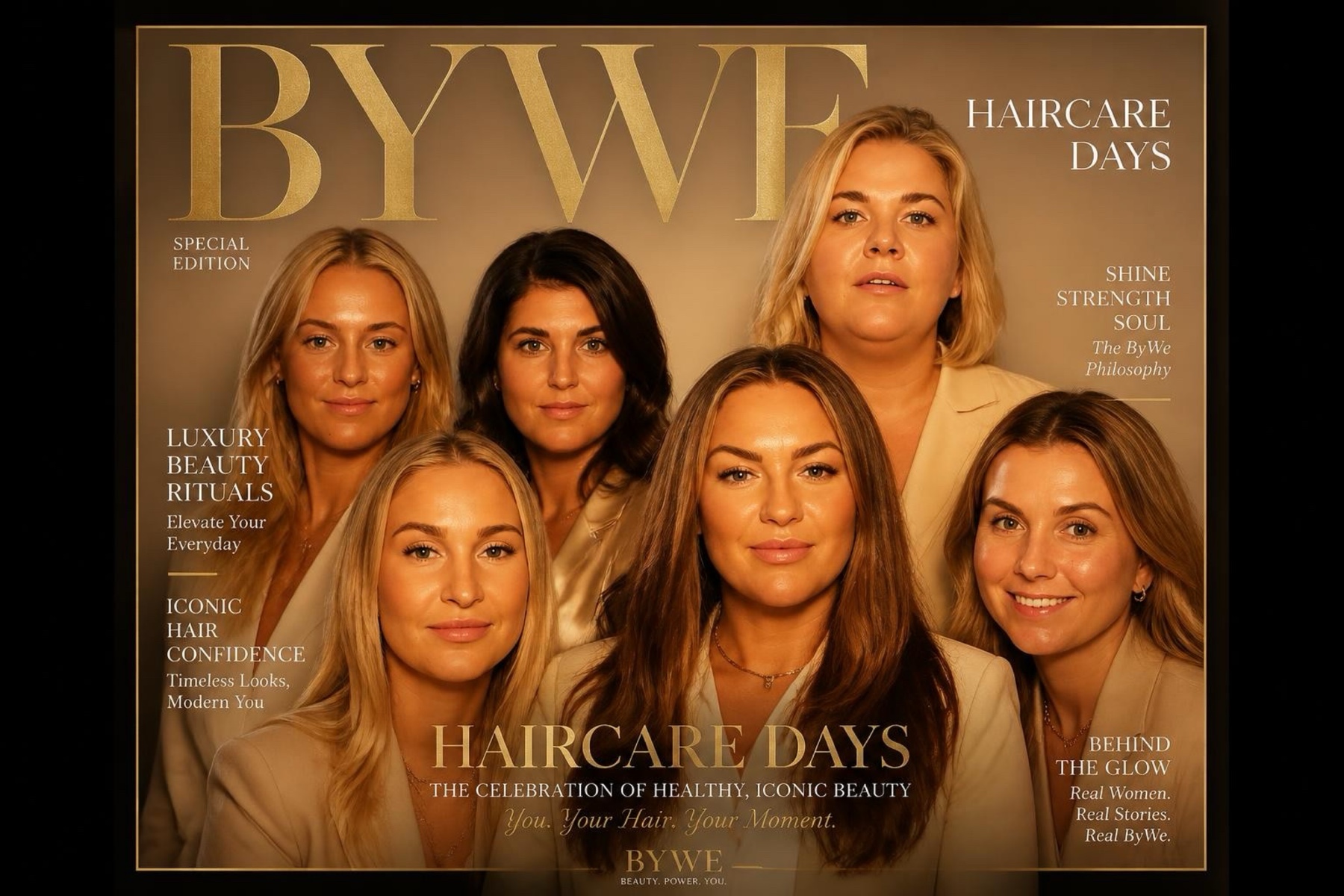 AI-porträtt av gruppen som ett elegant tidningsomslag med guldtypografi